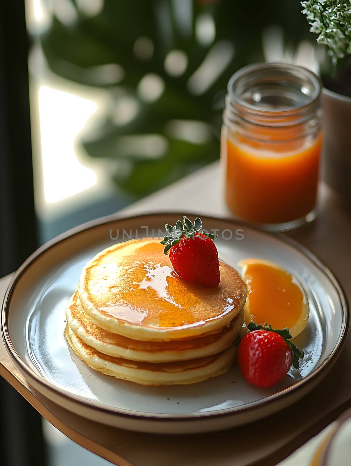 A plate of fluffy pancakes topped with glossy orange syrup and fresh strawberries, served with a jar of juice. The warm lighting and natural setting create a cozy and inviting breakfast atmosphere.