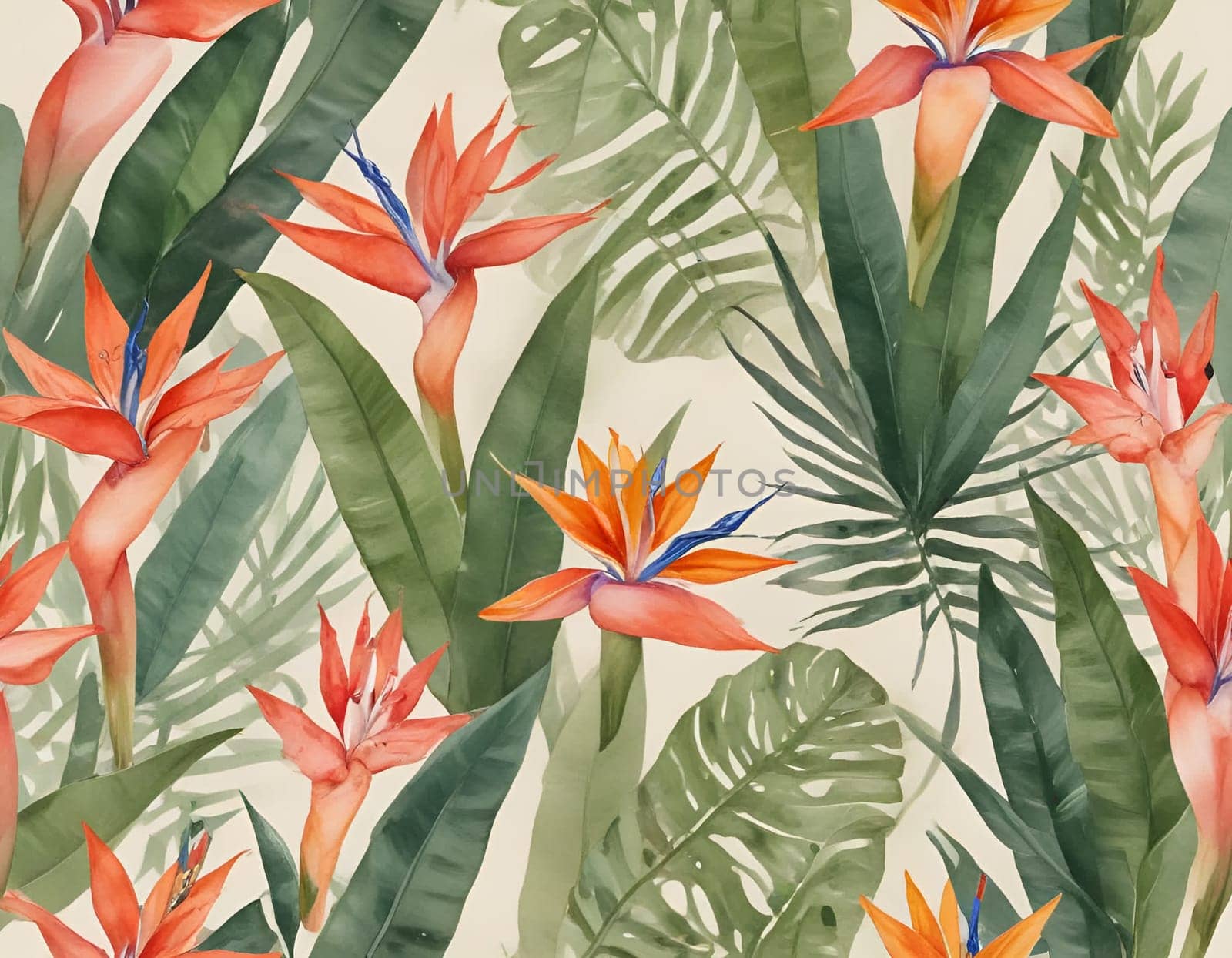 Download this premium watercolor-style tropical pattern with Birds of Paradise flowers. Perfect for luxury wallpaper, textile design, and commercial applications. High-quality seamless pattern.. Birds of Paradise Tropical Pattern. High quality photo
