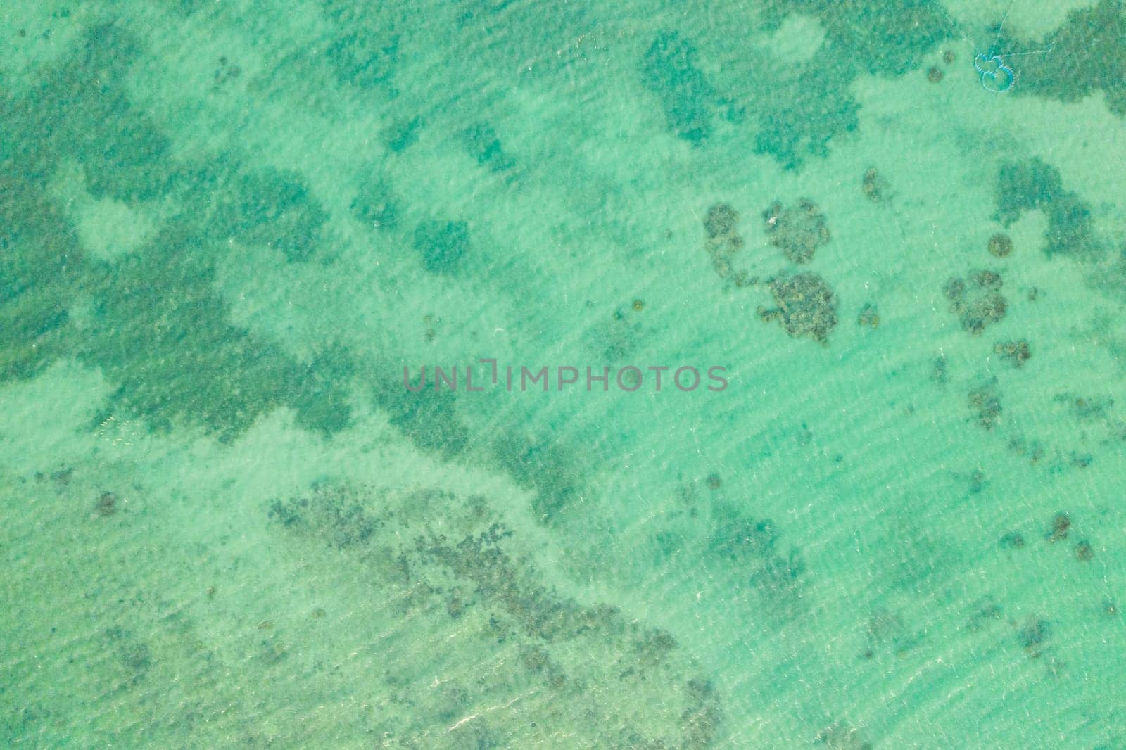 Turquoise lagoon surface on atoll and coral reef, copy space for text.