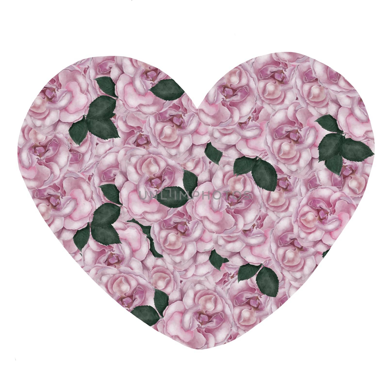Pink rose in heart shape watercolor illustration. Hand drawn love flower on isolated white background. Ideal for valentine's day cards and packaging of candies and cosmetics. High quality illustration