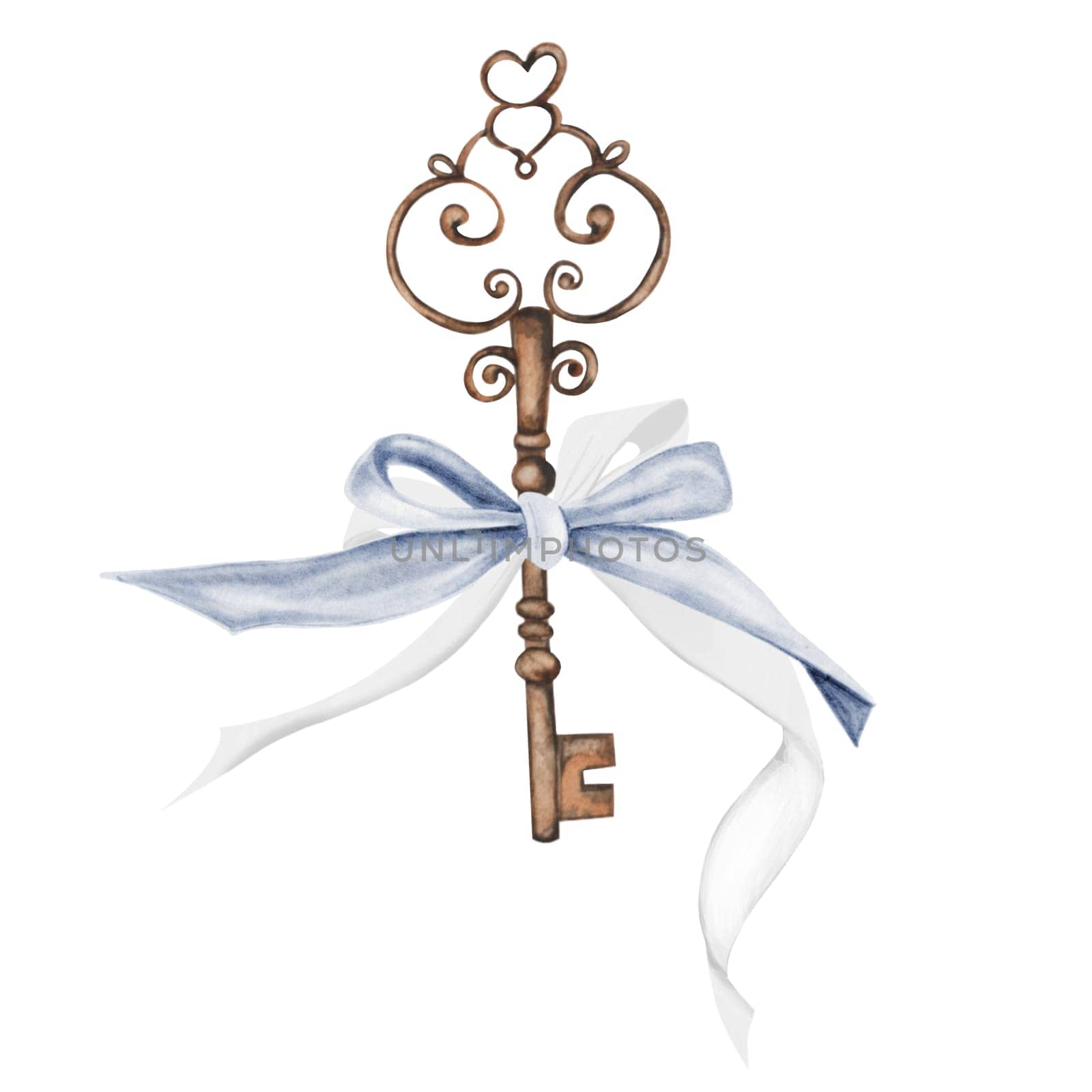 Vintage key watercolor. Hand drawn bronze key with blue bow on isolated white background. Clip art shabby chic. Ideal for posters, postcards and blog design. High quality illustration