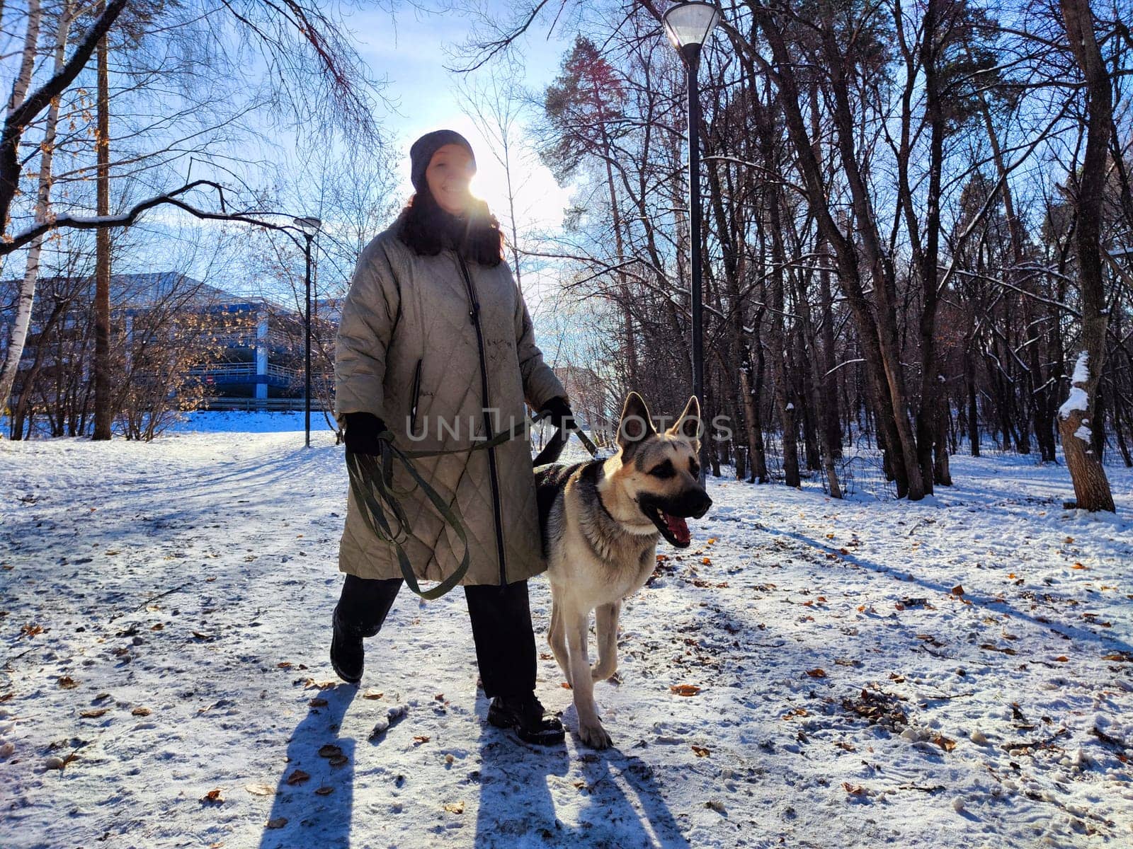 A woman strolls with her German Shepherd through a snowy park under the sun, enjoying the winter scenery and fresh air.