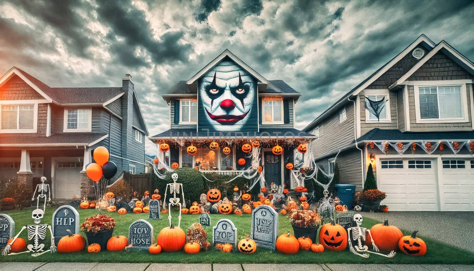 Four suburban homes are extravagantly decorated for Halloween, featuring a massive scary clown face on the front. Each yard is filled with pumpkins, gravestones, skeletons, and cobwebs, creating a chilling atmosphere. Dark clouds loom overhead, adding a sense of unease to the festive displays.