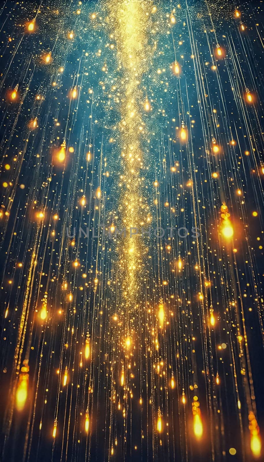 Golden specks of light float vertically, resembling ascending stars or lanterns against a deep blue backdrop. The upward motion and interplay of shadows create a mesmerizing and dreamlike atmosphere filled with serenity.
