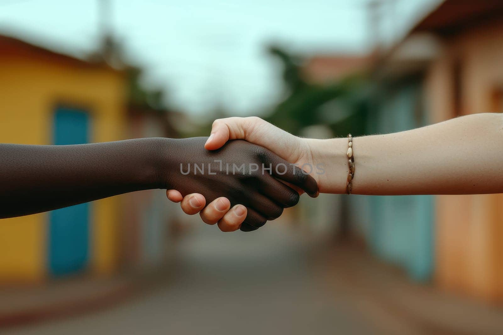 Two hands shaking in a foreign country. The man is black and the woman is white. The woman is wearing a gold bracelet