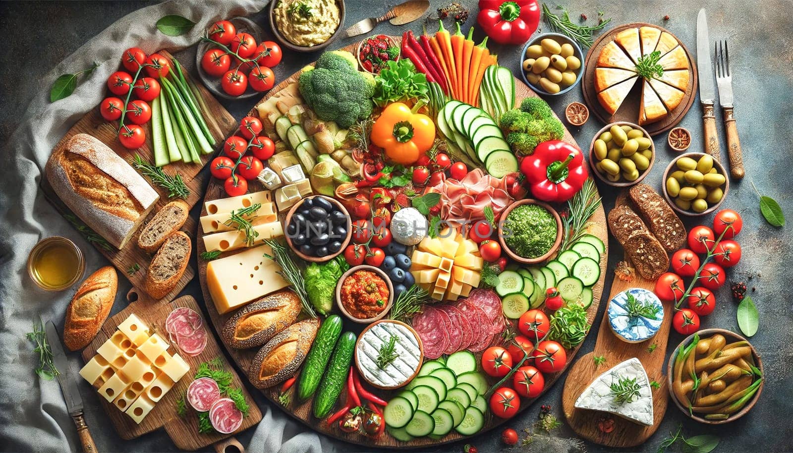 A realistic top-down view of a Mediterranean charcuterie spread, featuring an organized array of fresh vegetables, artisanal cheeses, deli meats, and crusty bread. The vibrant colors and rustic presentation make it perfect for gatherings and special occasions.