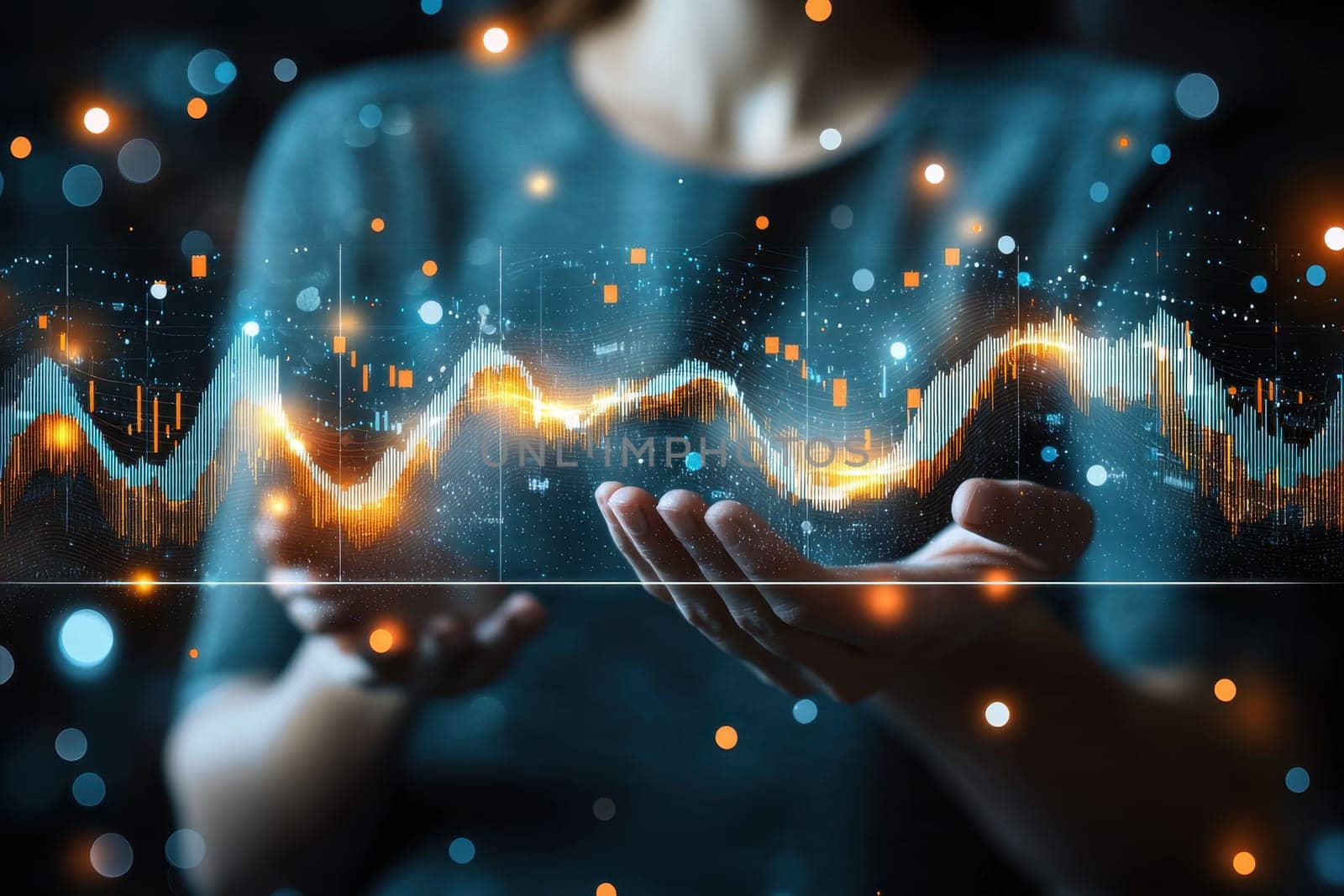 A woman is holding a hand up to a screen displaying a graph. The graph is filled with orange and blue lines, and the woman's hand is holding it up to the screen. Concept of excitement and curiosity