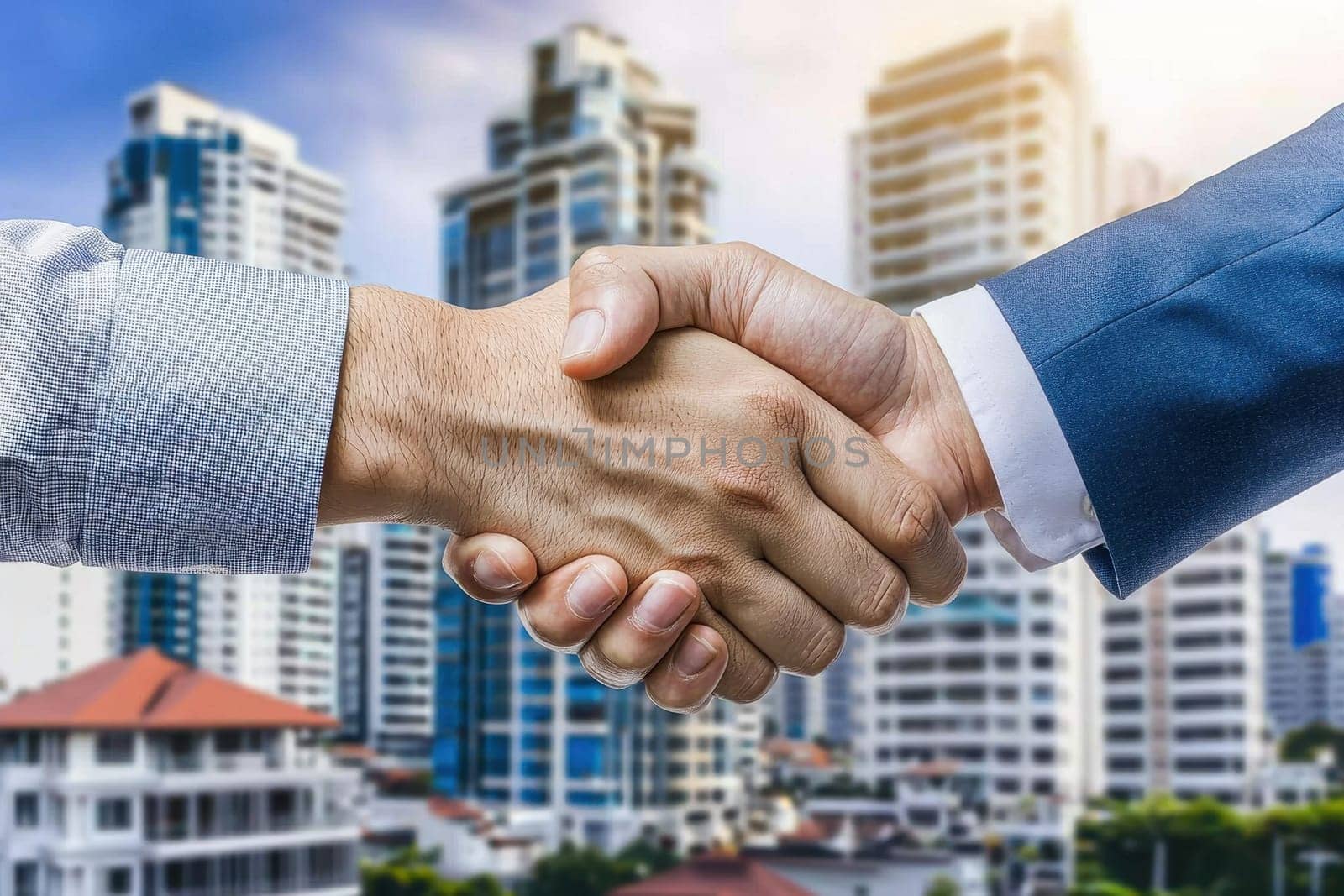 Two men shaking hands in front of a city skyline. The handshake is a symbol of agreement and trust between the two men