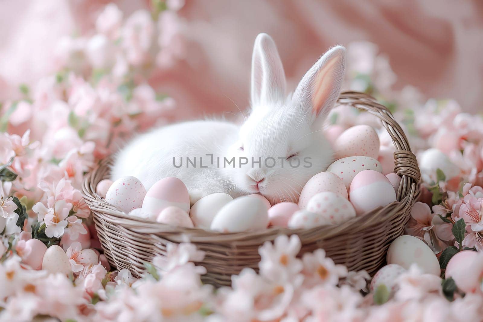 Cute white bunny sleeping in a basket with colorful Easter eggs, surrounded by spring flowers and fresh greenery in the morning light.