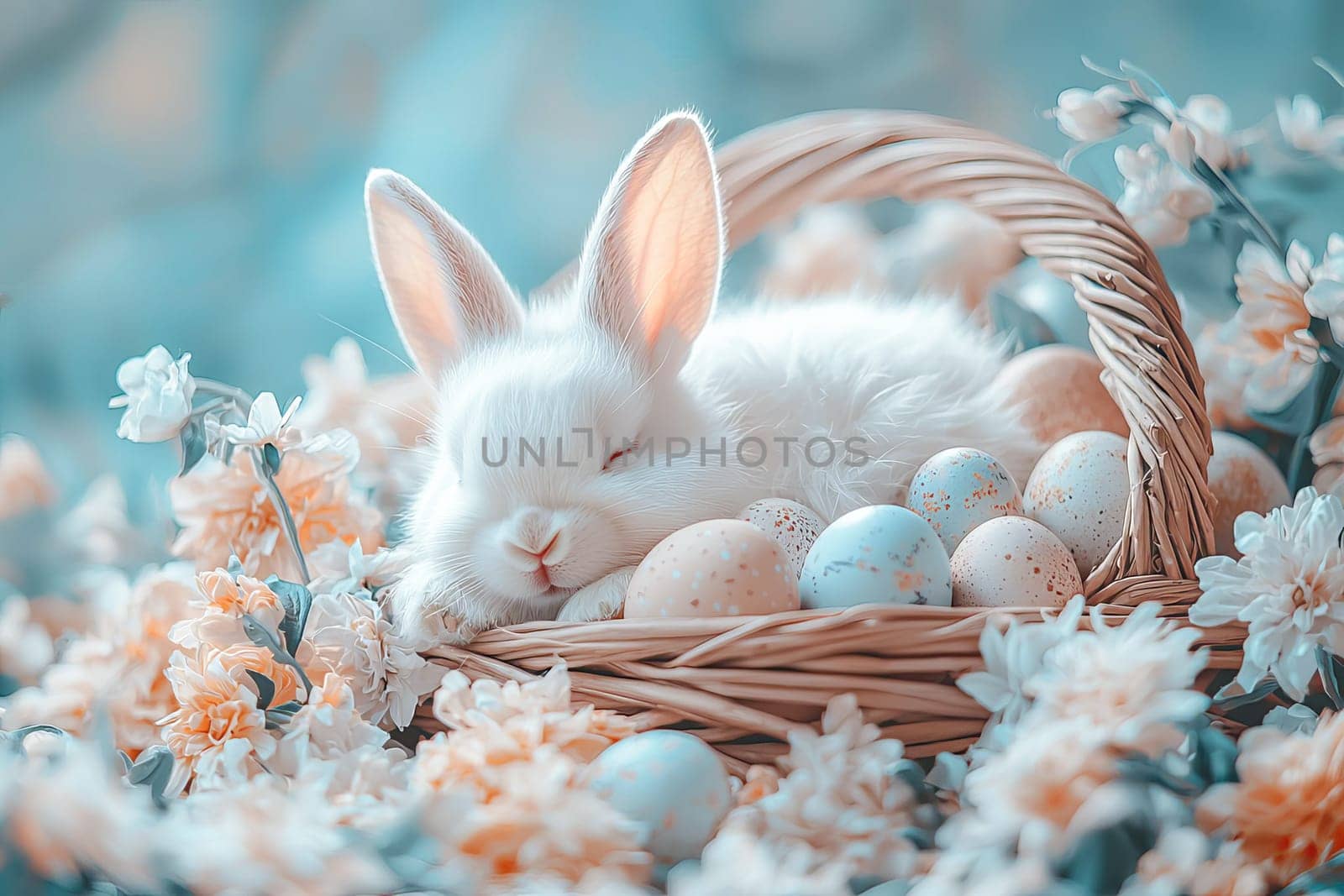 Cute white bunny sleeping in a basket with colorful Easter eggs, surrounded by spring flowers and fresh greenery in the morning light.