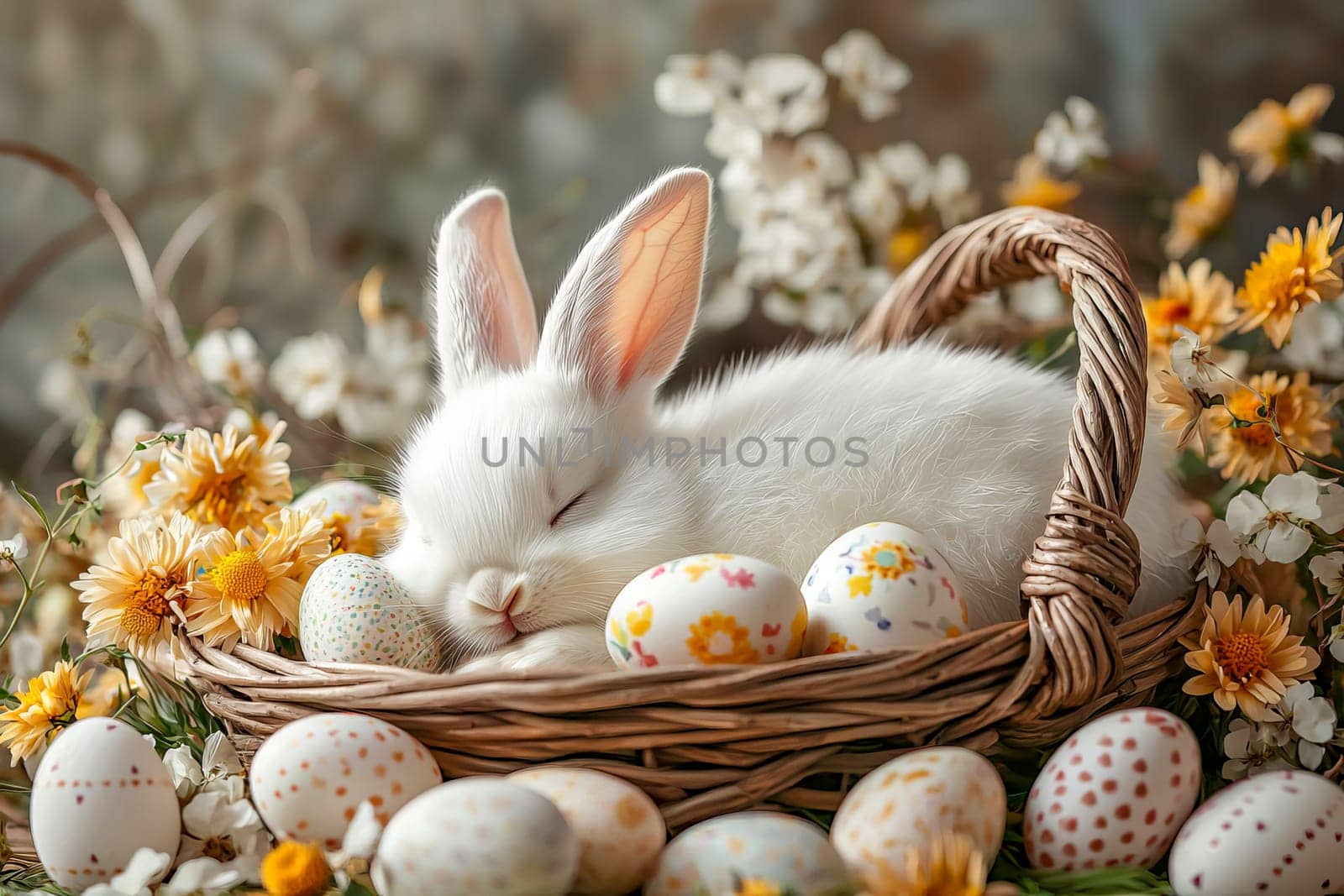 Cute white bunny sleeping in a basket with colorful Easter eggs, surrounded by spring flowers and fresh greenery in the morning light.