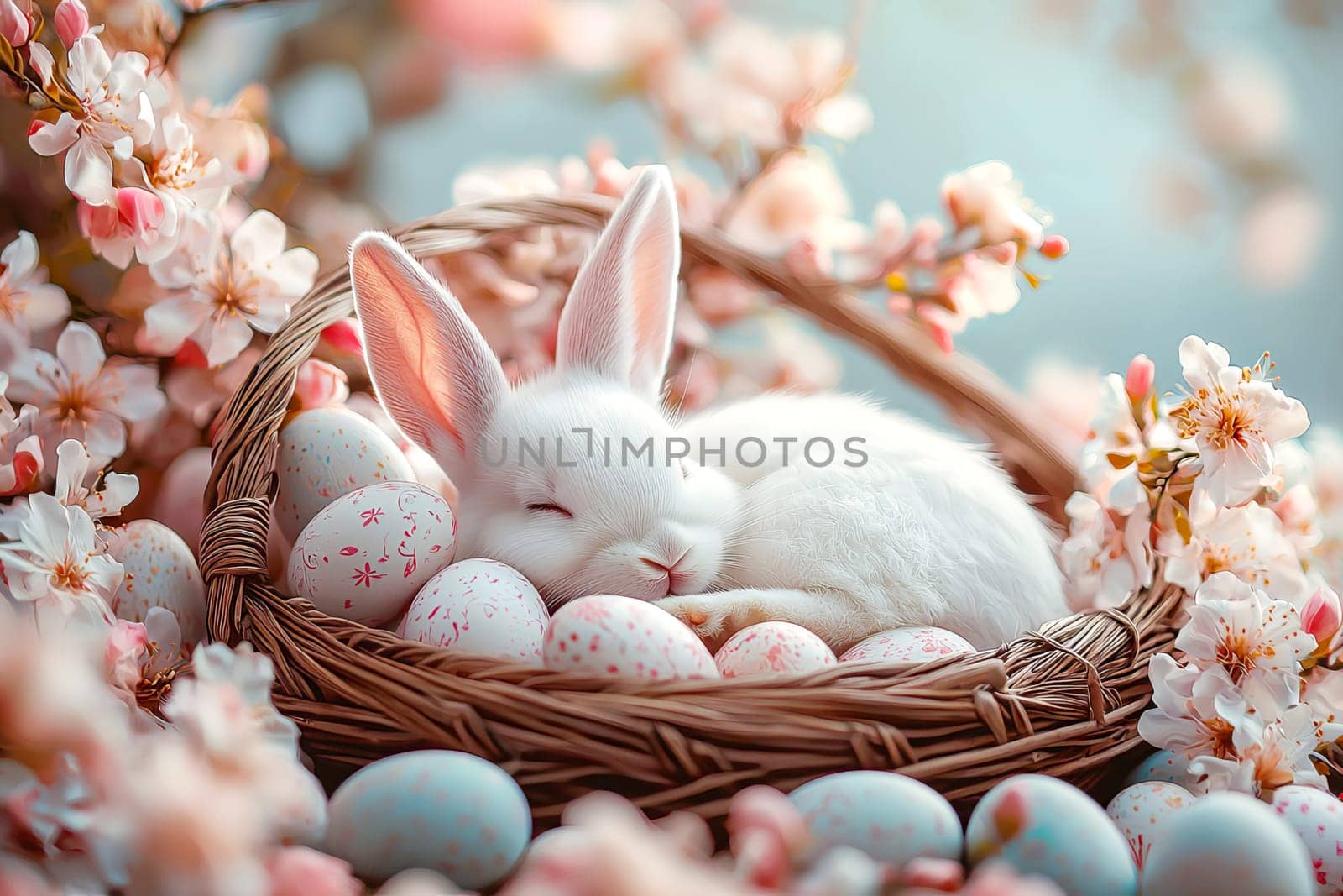 Cute white bunny sleeping in a basket with colorful Easter eggs, surrounded by spring flowers and fresh greenery in the morning light.