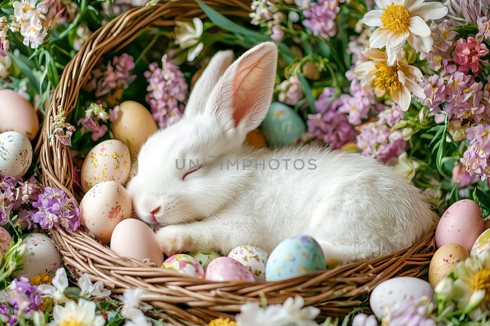 Cute white bunny sleeping in a basket with colorful Easter eggs, surrounded by spring flowers and fresh greenery in the morning light.
