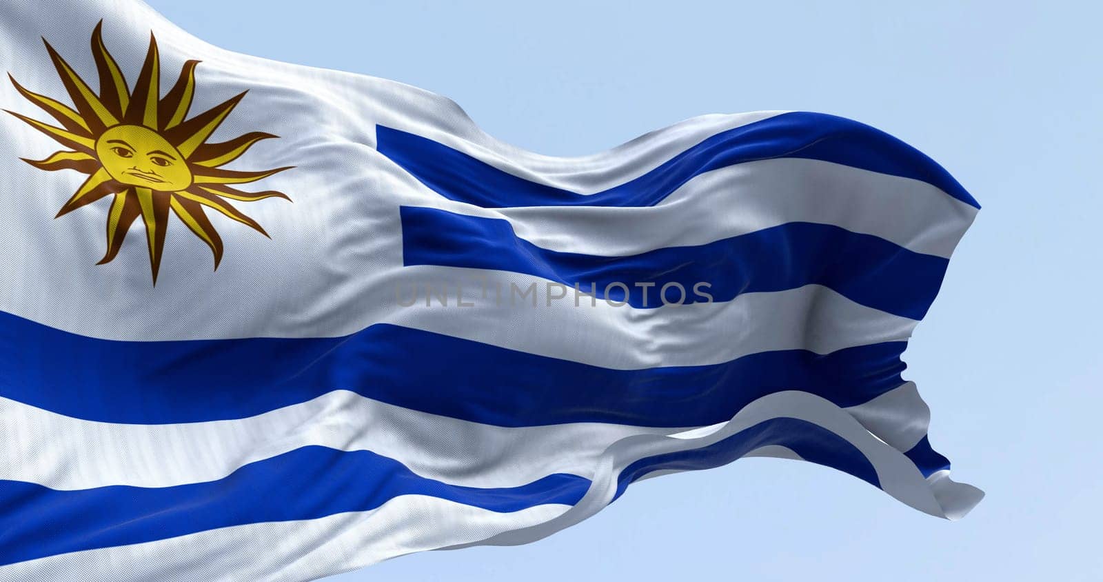 Close-up of Uruguay national flag fluttering in the wind on a sunny day. Alternated white and blue horizontal stripes, with Sol de Mayo in white square. 3d illustration render.