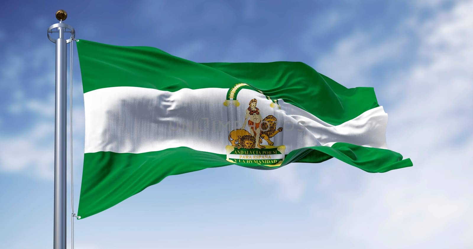 Andalusia flag waving in the wind on a clear day. Three horizontal stripes: green, white and green. Coat of arms superimposed on the central stripe. Selective focus. 3d illustration render