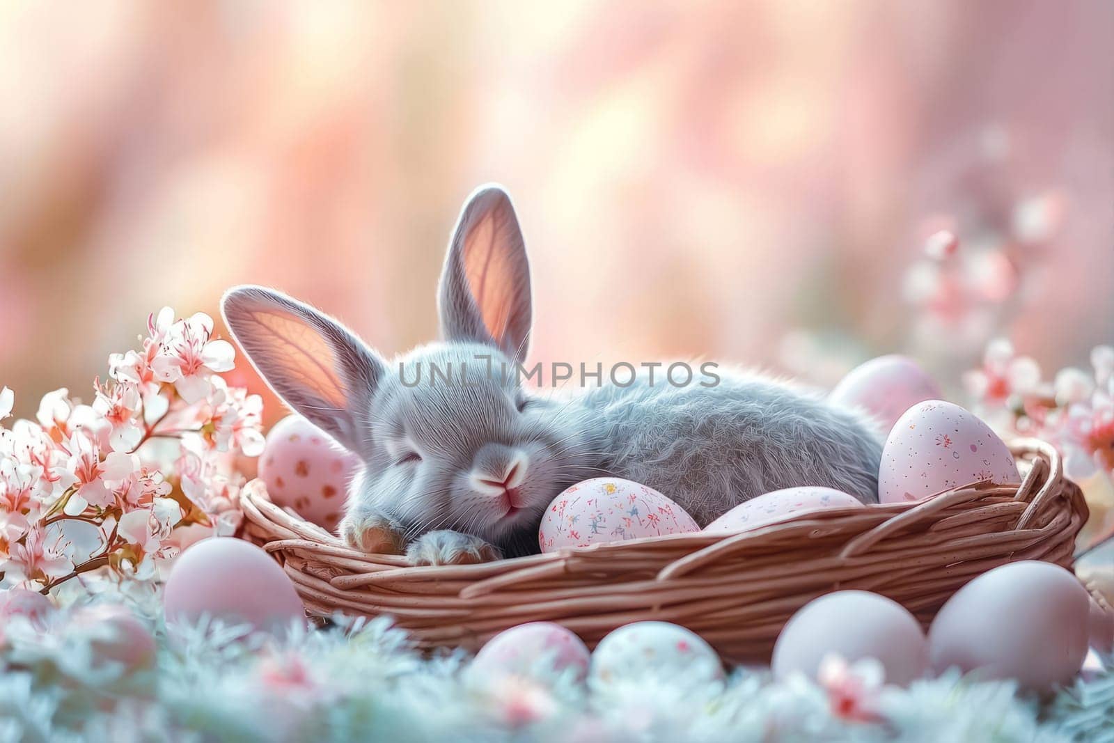 Adorable gray bunny sleeping in a basket with Easter eggs among spring flowers, symbol of the Easter holiday. AI generated.