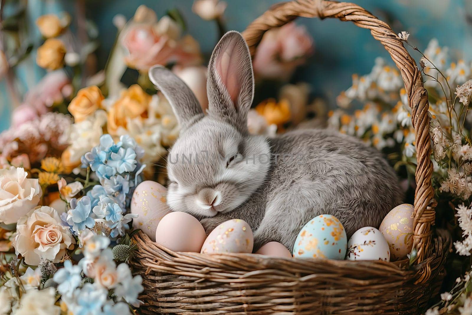 Adorable gray bunny sleeping in a basket with Easter eggs among spring flowers, symbol of the Easter holiday. AI generated.