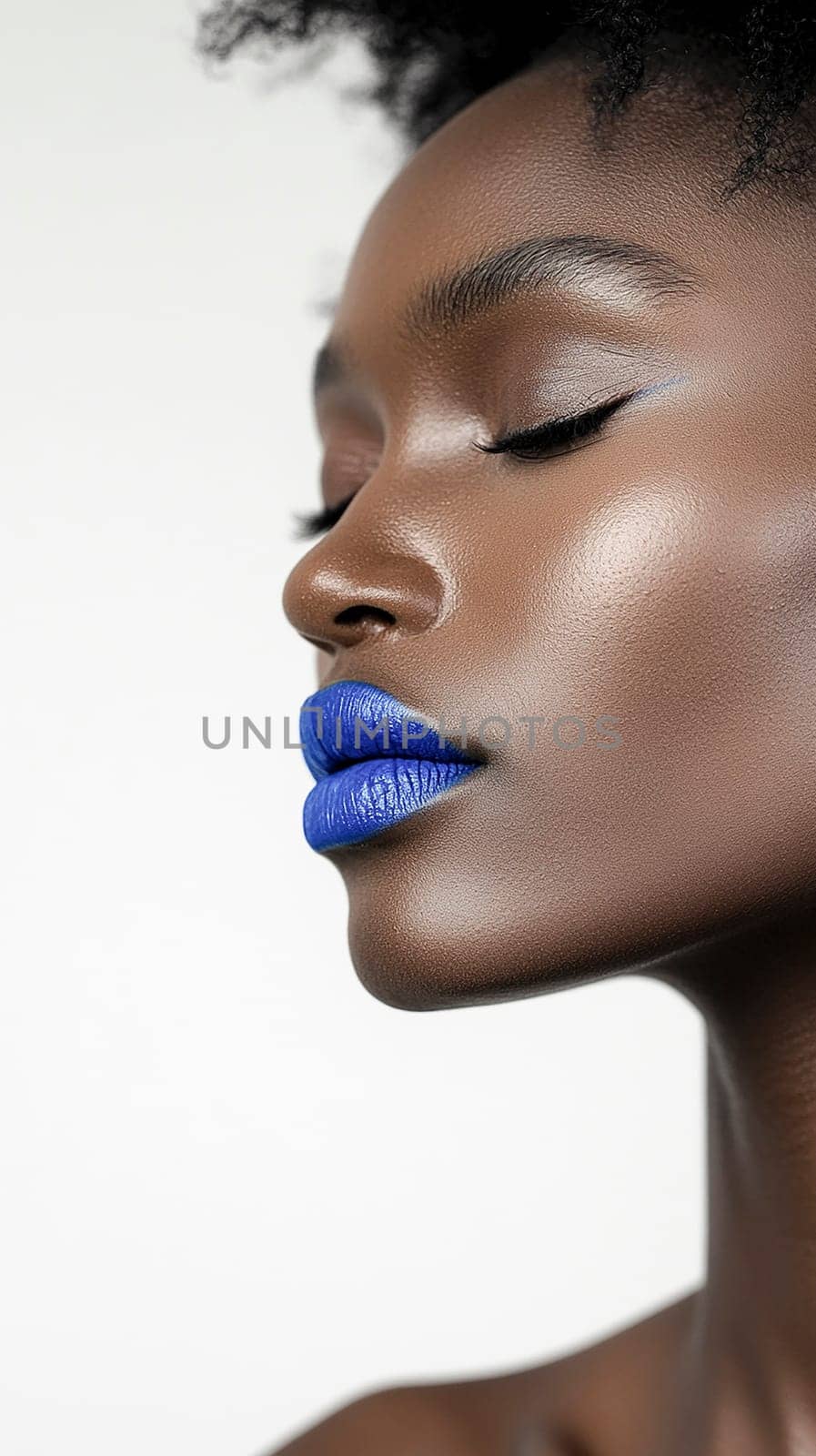 Closeup beautiful woman with blue tones lipstick . BlueLipstick Swatch