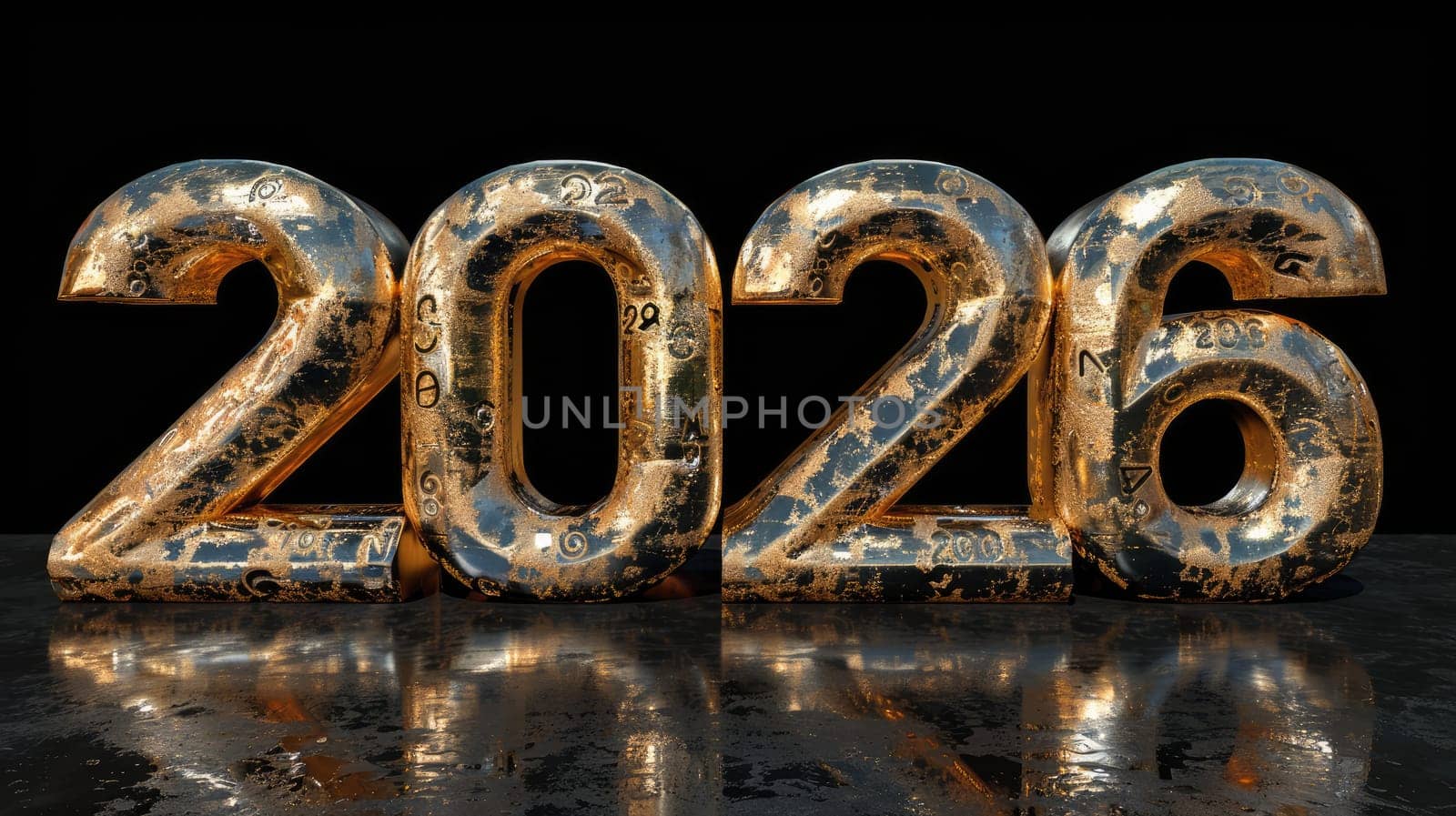 Large, shiny digits representing the year 2026 stand prominently on a reflective surface, showcasing detailed designs and textures. The background is dark, enhancing the focus on the numbers.