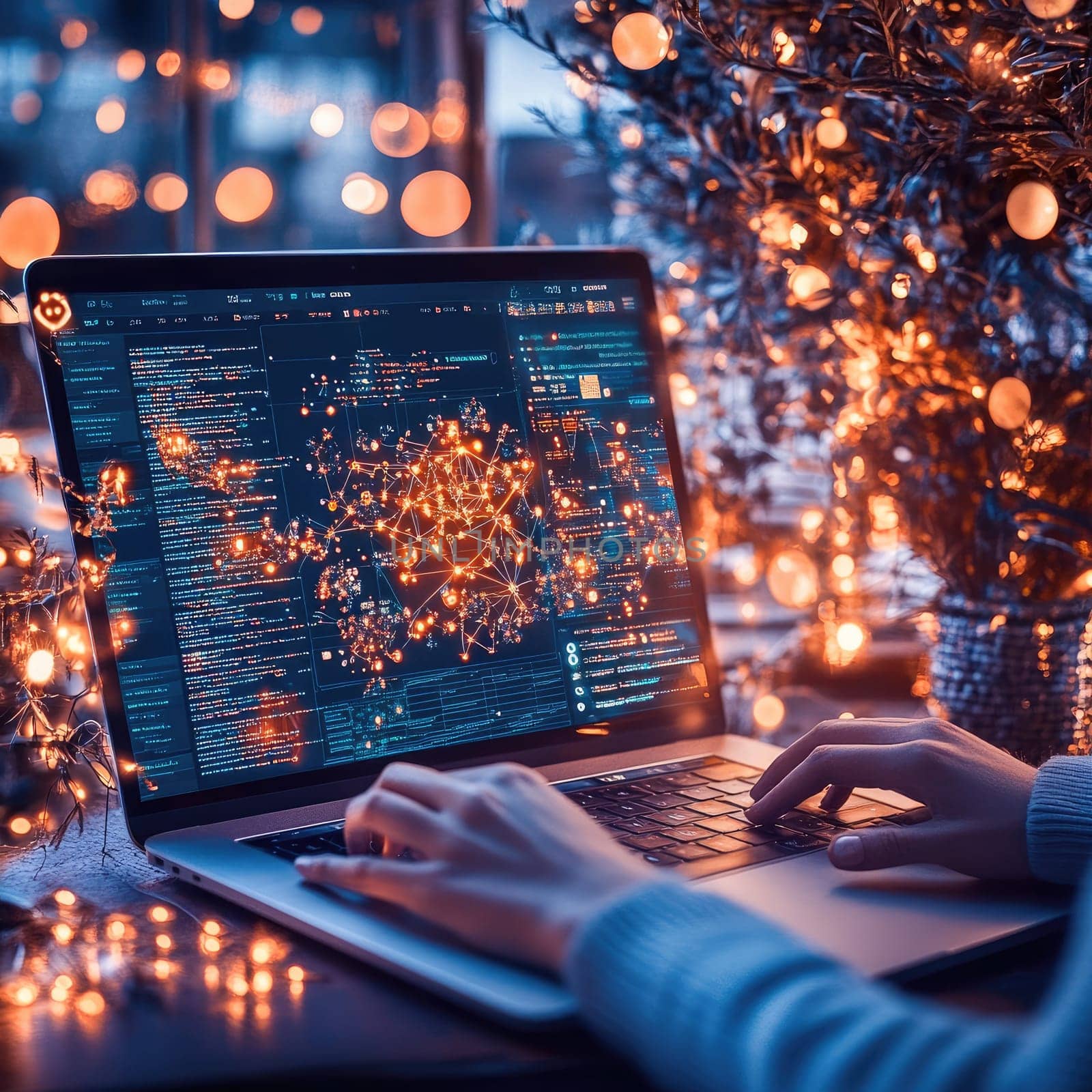 A person interacts with a laptop displaying complex data analysis. Soft, warm lights surround the workspace, enhancing the inviting ambiance during evening hours.