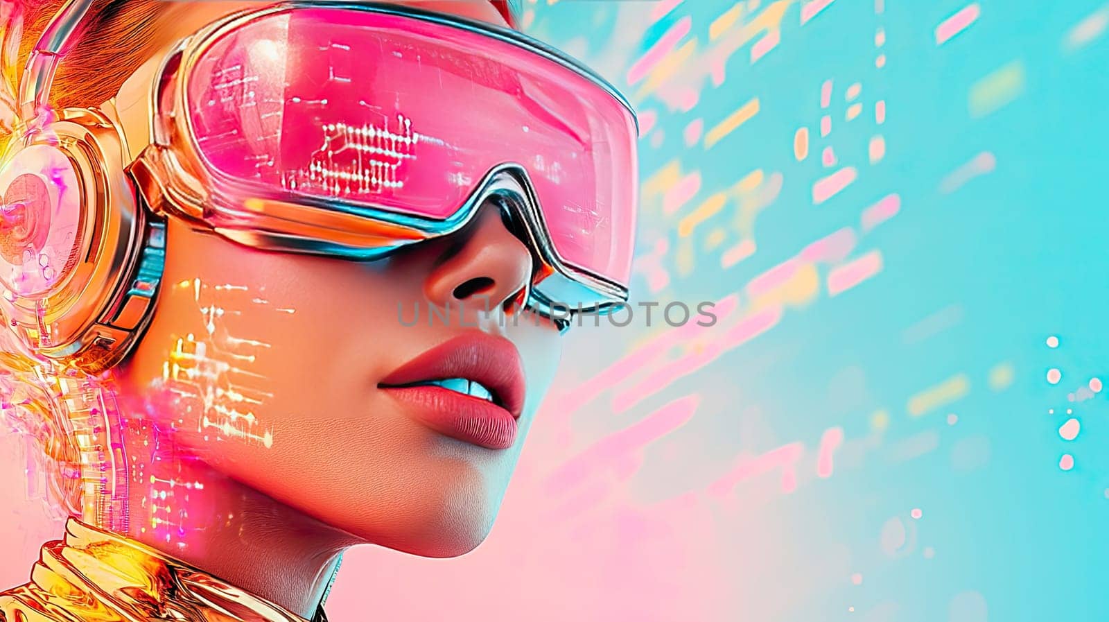 A woman dressed in a metallic outfit explores a digital realm with virtual reality goggles. Bright neon colors intertwine, creating an energetic atmosphere full of technology.