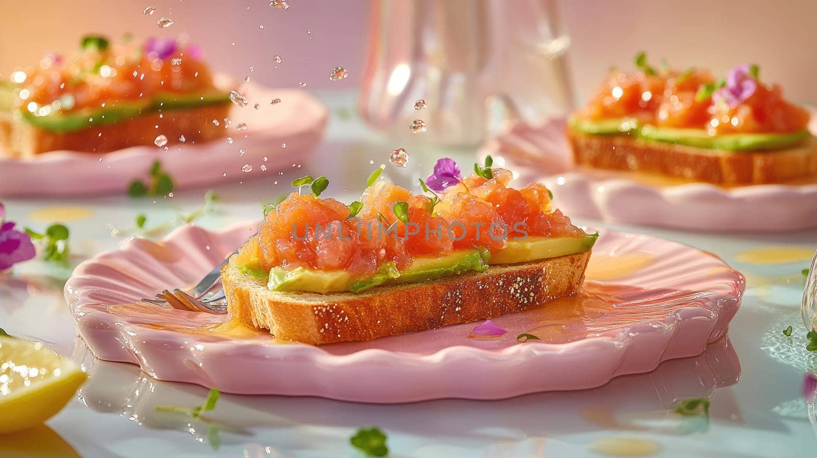 Vibrant slices of toasted bread are layered with creamy avocado and fresh salsa, garnished with herbs and edible flowers, creating a lively brunch dish.