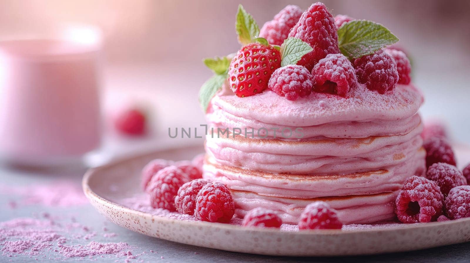 Fluffy pink pancakes are artfully arranged on a rustic plate, adorned with fresh raspberries and mint leaves. A cozy kitchen atmosphere enhances the delightful presentation.