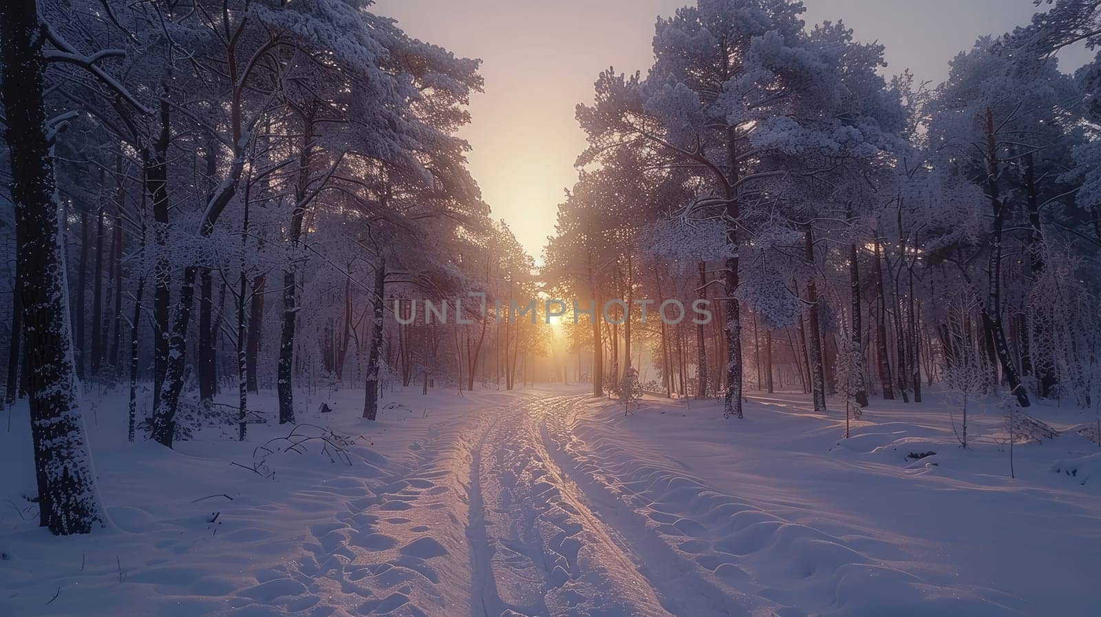 A serene winter morning reveals a snowy path winding through a peaceful forest. Sunlight breaks through the trees, casting a warm glow on the frost-covered ground.