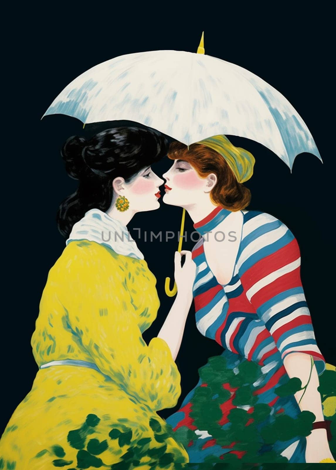 Romantic illustration of two women reaching for each other's lips for a kiss under a white umbrella. One of the women is dressed in a bright yellow outfit and the other in a colorful striped top. Bright vintage style from the early 20th century