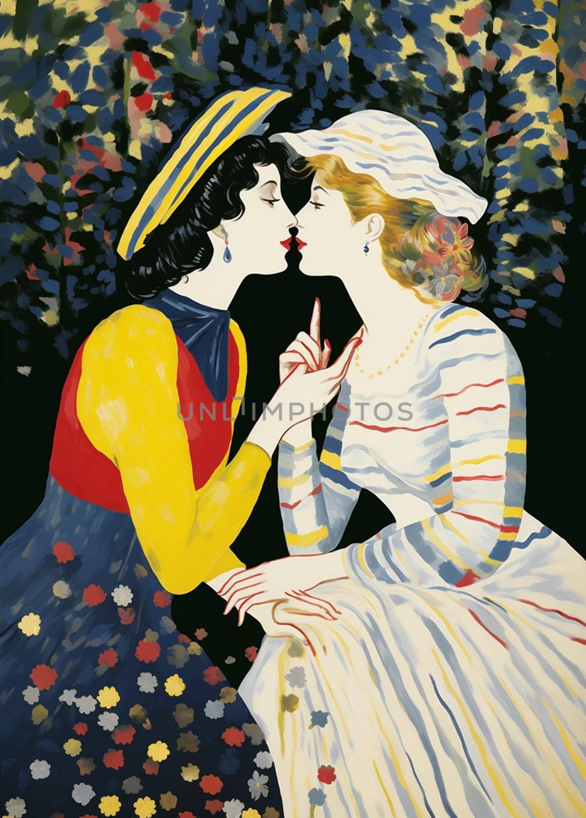 Two elegantly dressed women sit close, looking into each other's eyes, and lean in for a kiss. One is wearing a yellow and red outfit with a dark floral skirt and a yellow hat, while the other is wearing a white dress with multicolored stripes and a wide-brimmed hat. Their hands are gently touching and their fingers are intimately intertwined. The background is impressionistic and painterly.