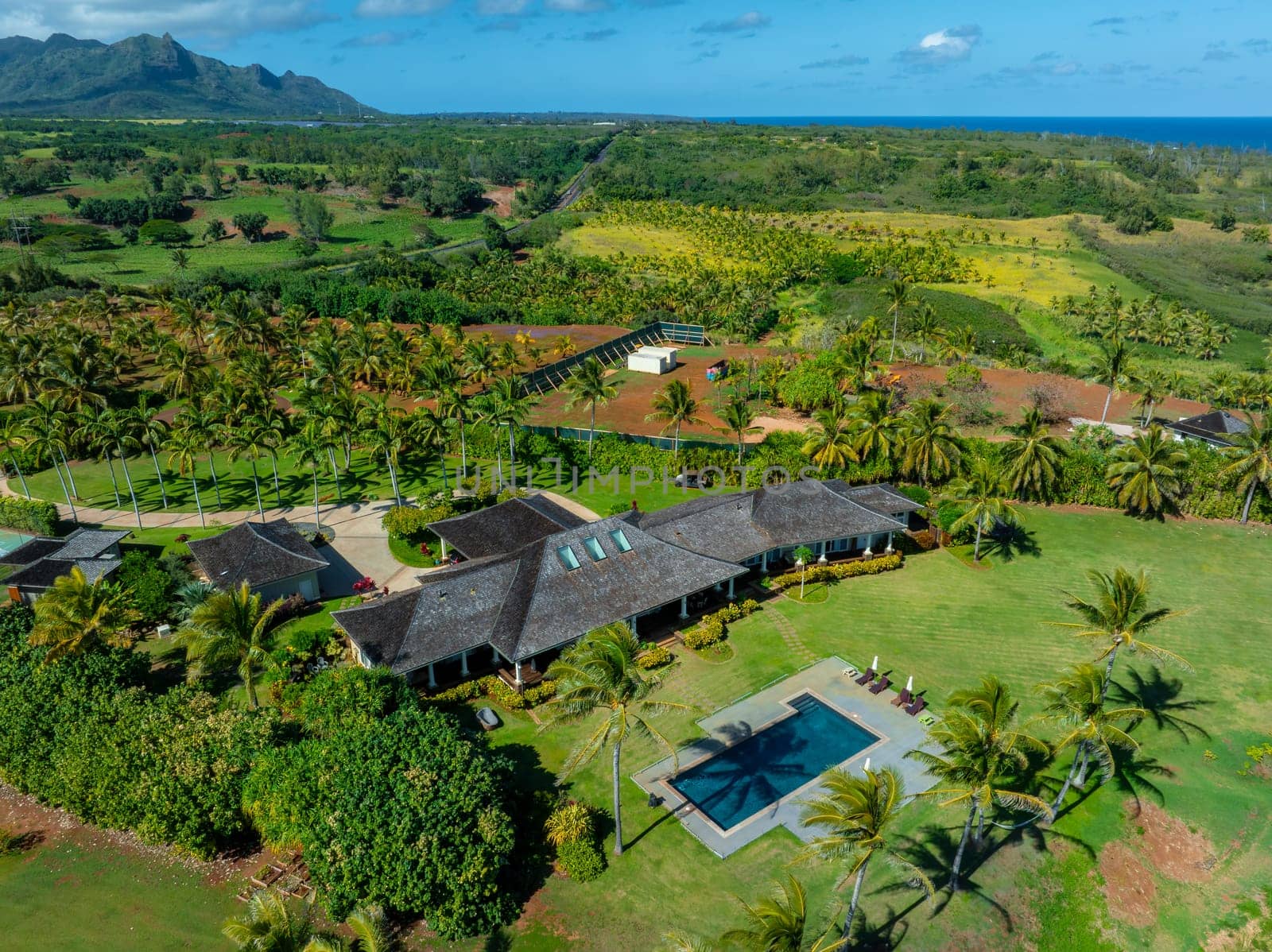Luxurious house with a unique roof, pool, and palm trees on Kauai Island. Fields, hills, and Napali cliffs visible with ocean in the distance.