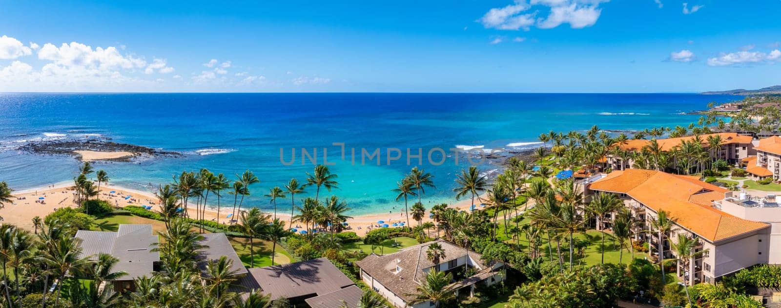 Aerial view of Kauai island's tropical coastline featuring a sandy beach, turquoise waters, palm trees, and residential buildings with orange tiled roofs.