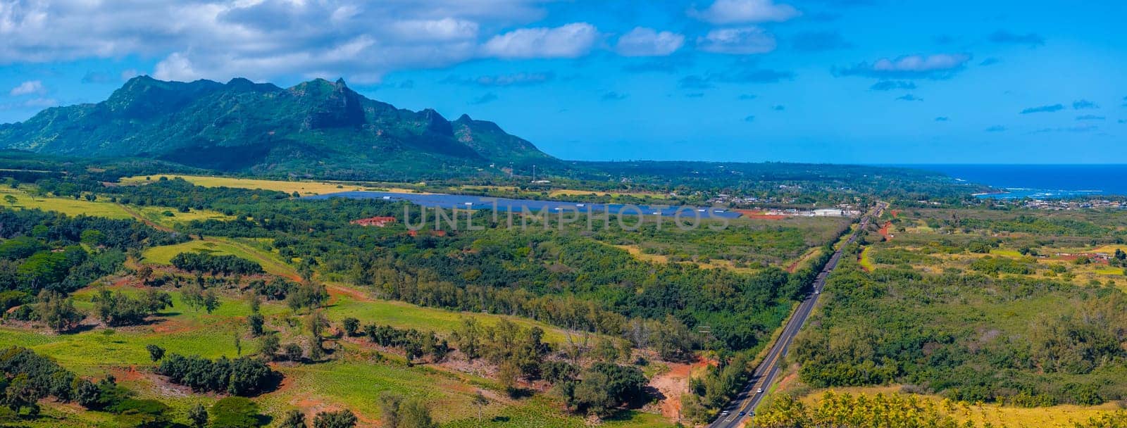 Aerial view of Kauai Island, Hawaii, showing lush green hills, a mountain range, a straight road, fields, trees, and the Pacific Ocean in the distance.