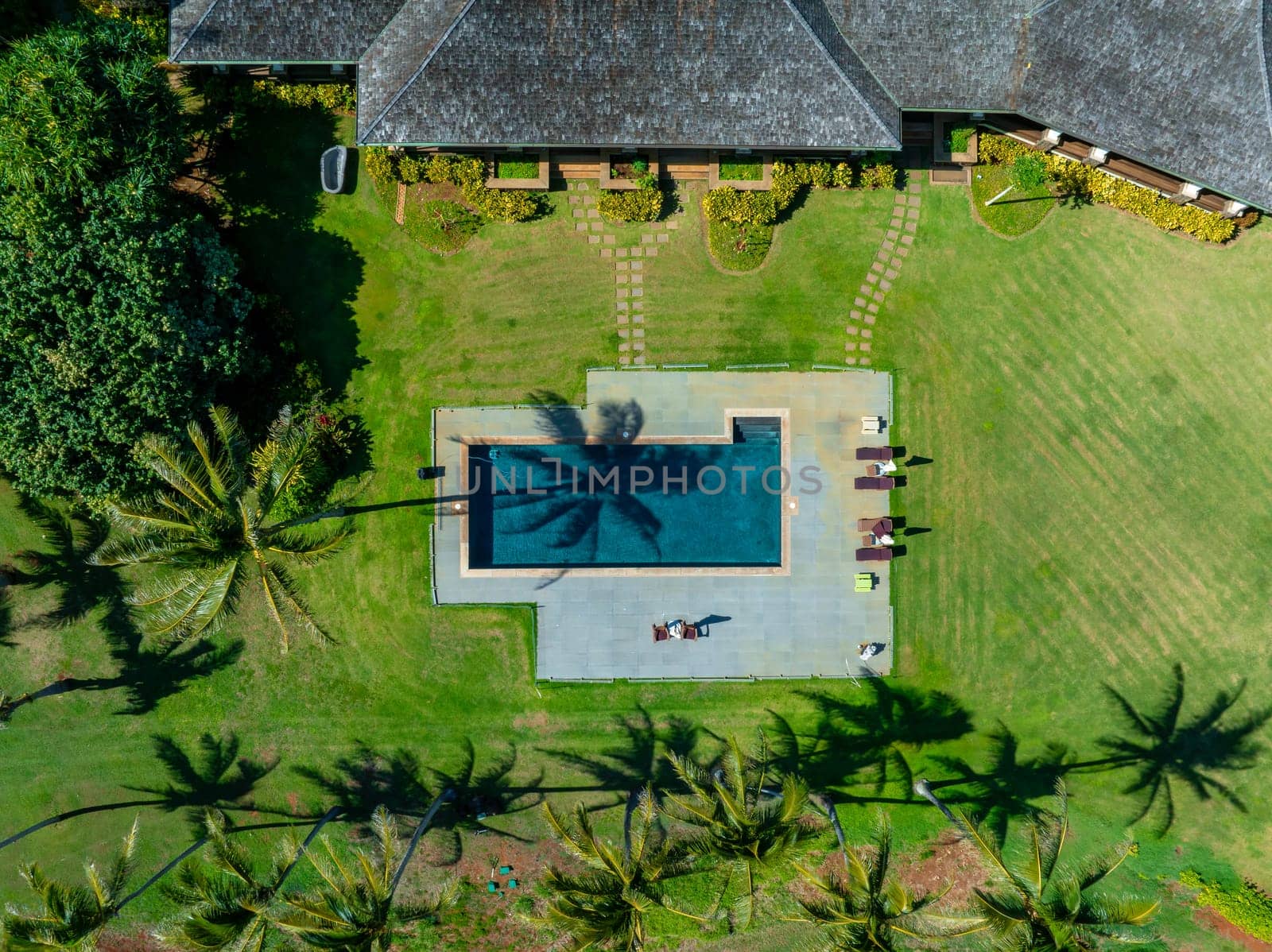 Luxury pool with lounge chairs on a paved deck, surrounded by grass, palm trees, and a large building, set in a lush tropical setting on Kauai.