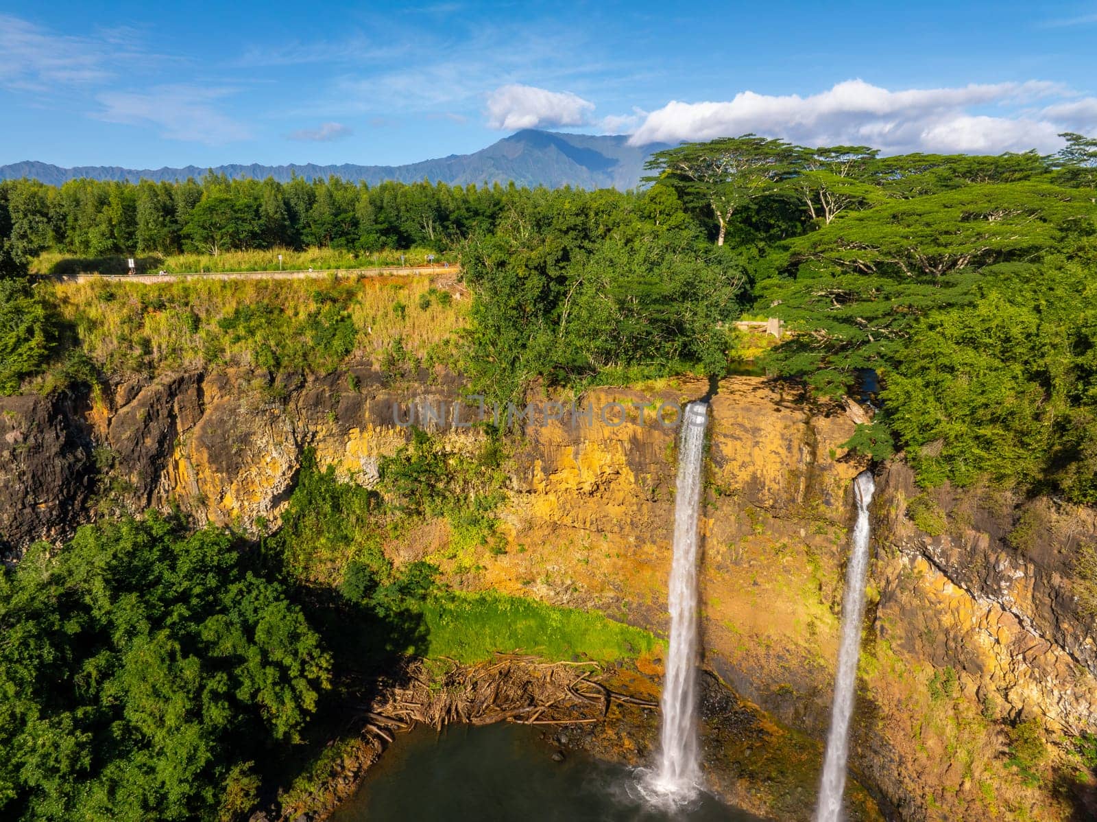 Twin waterfalls cascade into a tranquil pool, surrounded by dense forest and vibrant vegetation, with mountains rising under a clear blue sky.