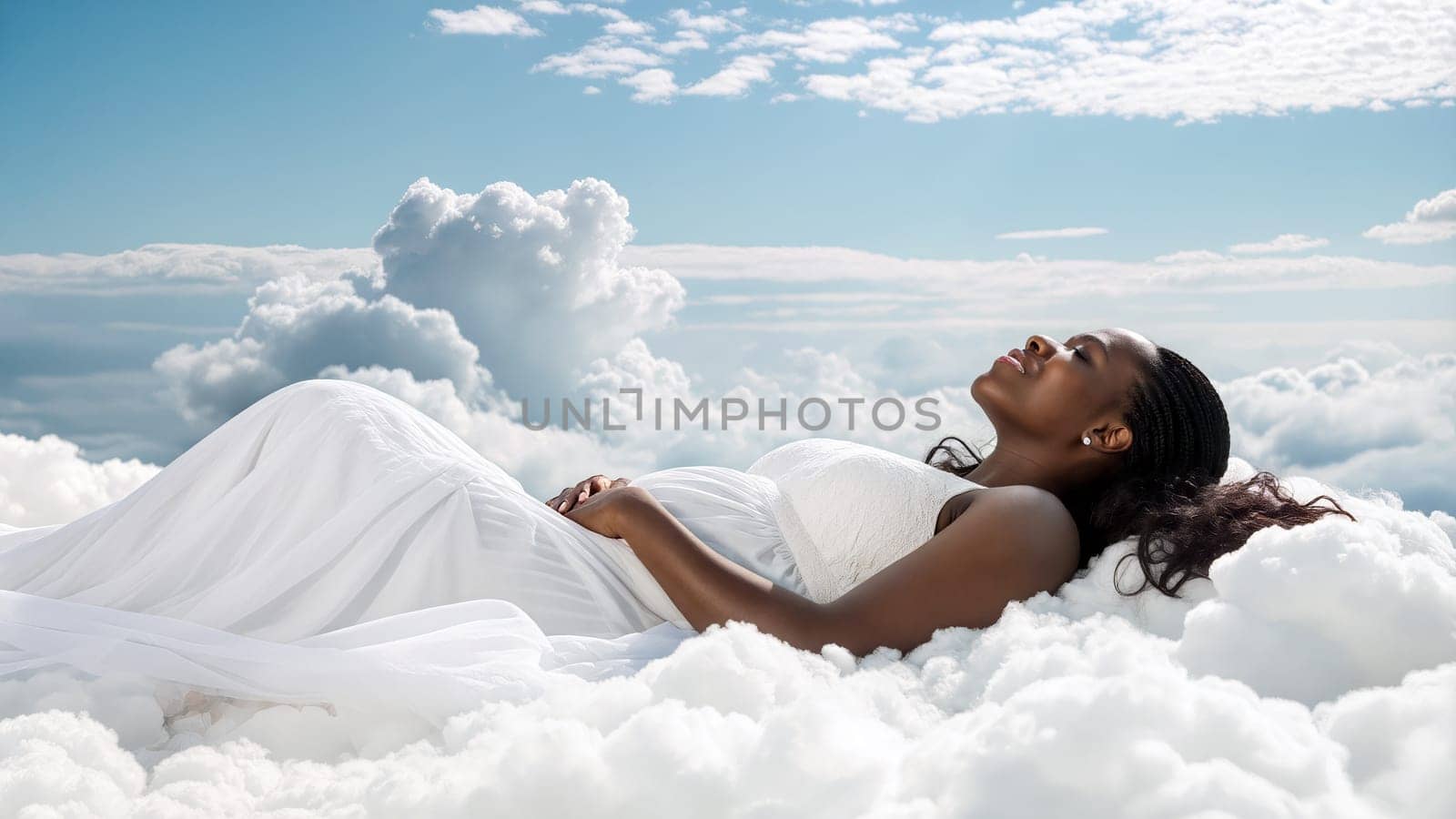 A black woman in a flowing white dress lies on fluffy clouds, gazing peacefully at the blue sky filled with soft white clouds and sunlight - Generative AI