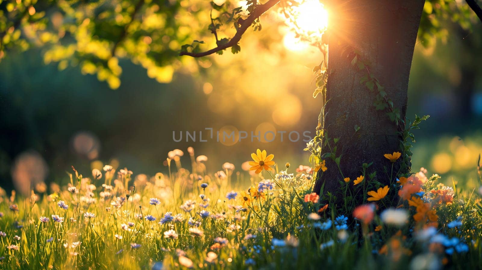 Soft sunlight streams through the foliage of trees, illuminating a vibrant meadow adorned with colorful wildflowers at sunset - Generative AI