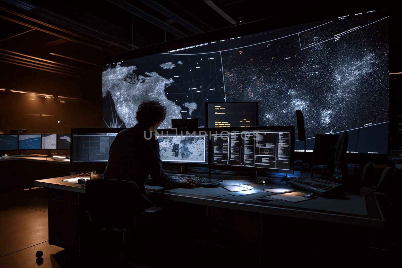 A person operates multiple monitors in a dark control center filled with digital maps and data visualizations, reflecting a high-tech surveillance environment at night - Generative AI