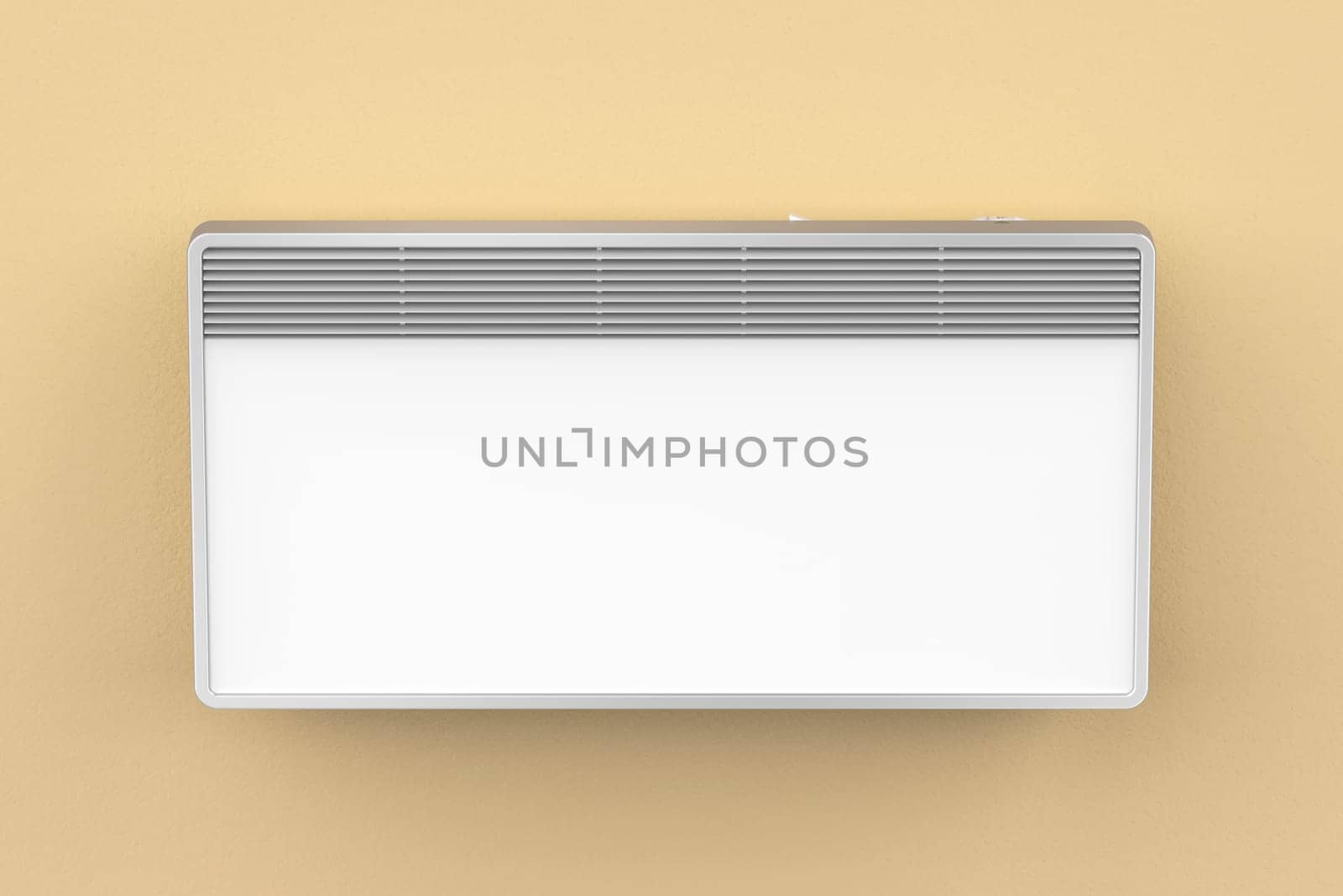 Front view of a white electric panel heater mounted on a wall