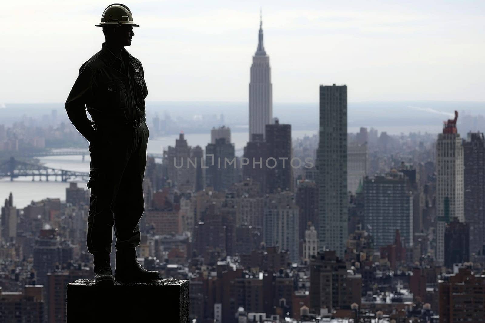 A statue of a man stands on a ledge overlooking a city. The statue is of a man in a hard hat, and the city below is bustling with activity. The statue is a tribute to the hard work