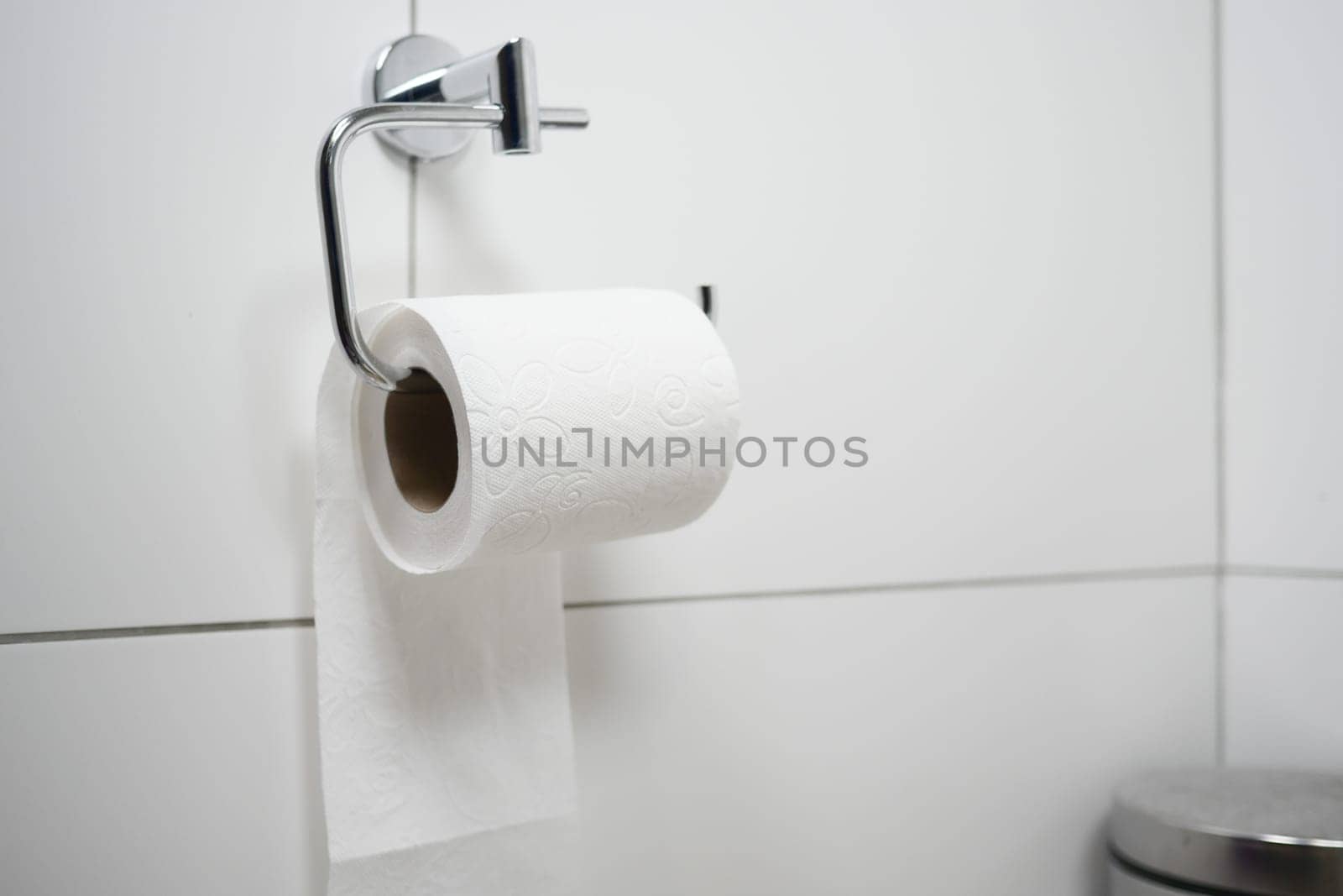 A white toilet paper roll hangs on a sleek metal holder.