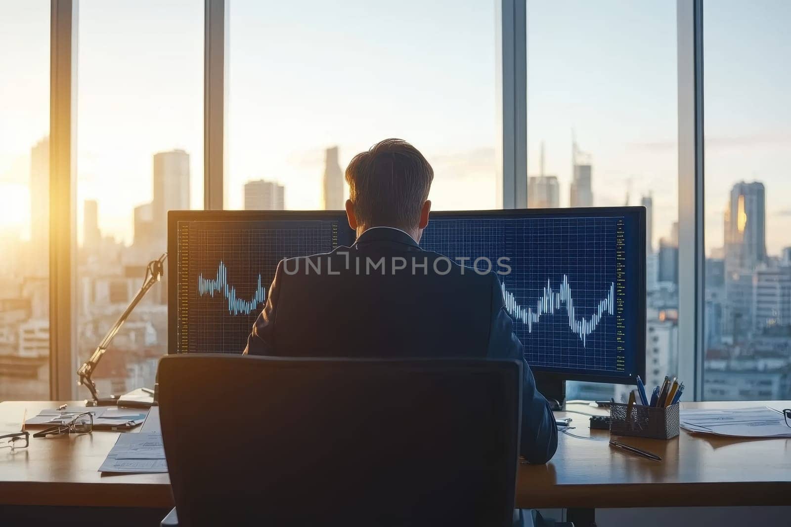 A businessman sits in a modern office, analyzing financial data on dual monitors. The sunset illuminates the city skyline, creating a productive atmosphere.