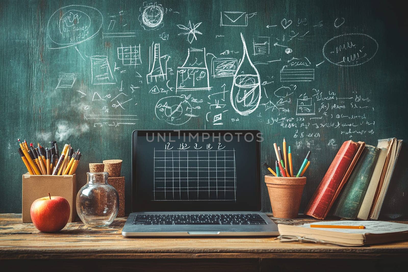 Student's desk with laptop, apple and books near chalk board.