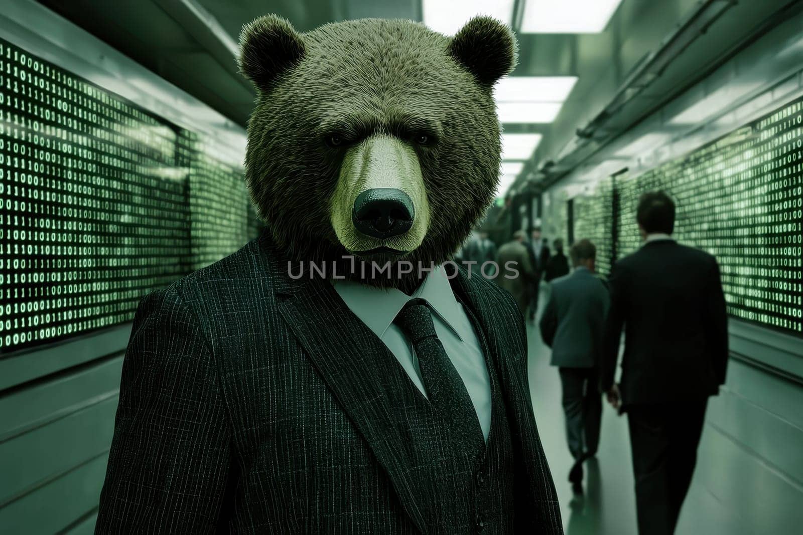 A striking image of a man in a suit with a bear head, set in a futuristic office filled with digital elements. The scene captures a unique blend of nature and technology.