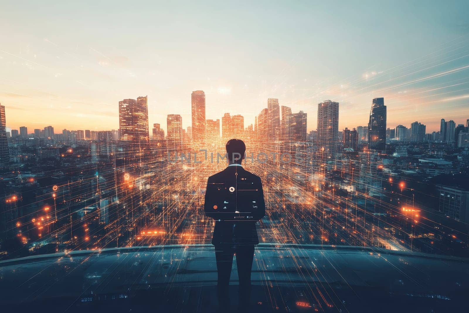 A business person stands on a rooftop, observing a stunning city skyline at sunset. Digital effects add a futuristic touch, symbolizing growth and innovation.