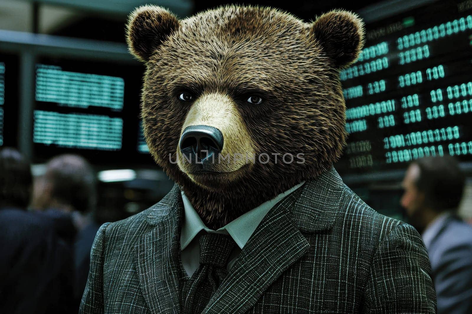 A whimsical bear dressed in a suit stands at a bustling financial trading floor, combining wildlife with corporate culture in a striking image.