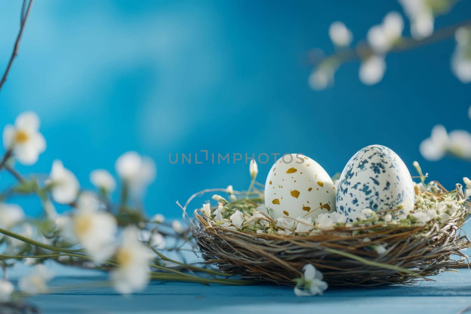 Colorful Easter eggs in basket on tabletop, .happy Easter day concept. Space for text..
