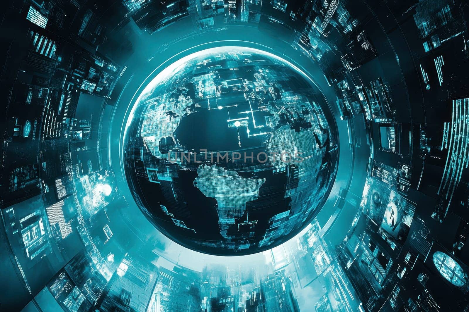 Stunning visual of a digital globe amidst floating data elements. This image captures the essence of technology and global connectivity in a modern world.