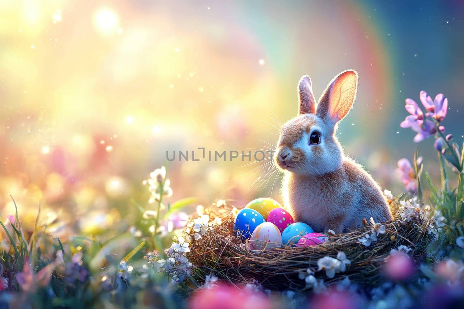 Happy easter bunny in easter meadow with eggs and copy space on rainbow background..