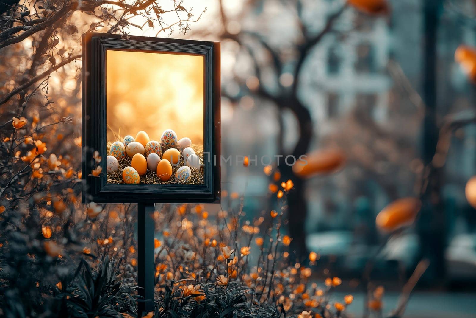 Easter egg. Happy Easter background billboard for mockup design with message, frame, and Easter eggs scene design. Facing away from view design..